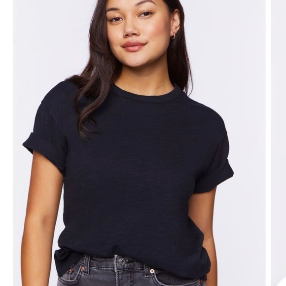 F21 Dropped-Sleeve Crew Tee, black and white - Picture 4 of 4